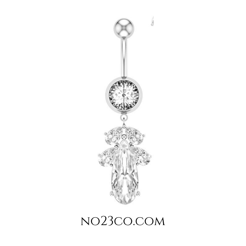14G Silver Diamond Dangle Navel Ring - Surgical Steel 316L Belly Button Piercing - No23Co