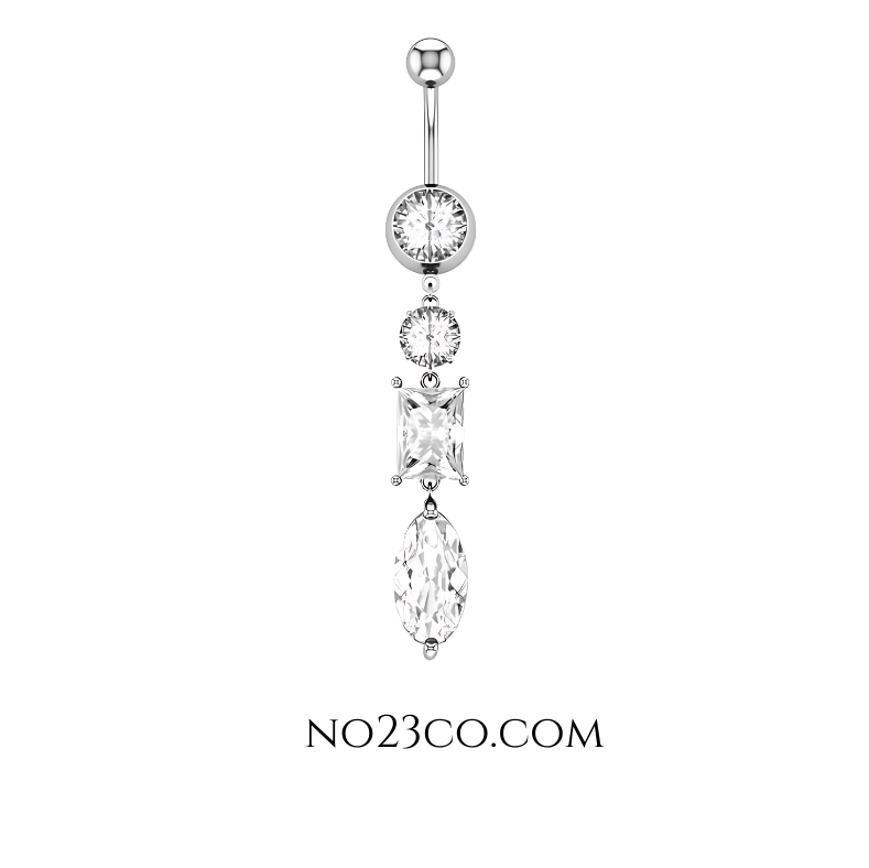 14G Silver Diamond Dangle Navel Ring - Surgical Steel 316L Belly Button Piercing - No23Co