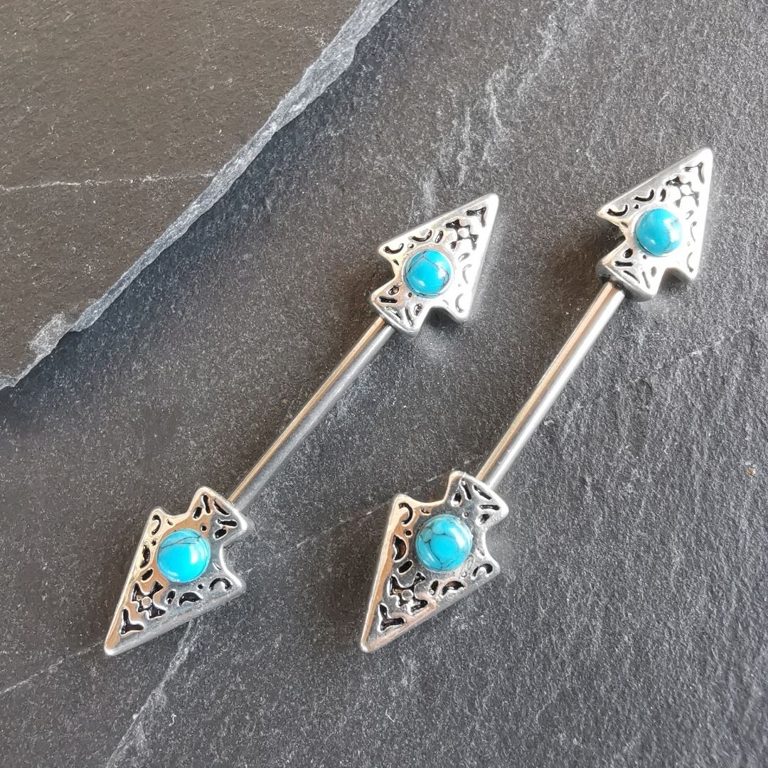 14G Surgical Steel 316L Arrow Nipple Bars Jewelry Piercing with Turquoise Cubic Zirconia by No23Co.com