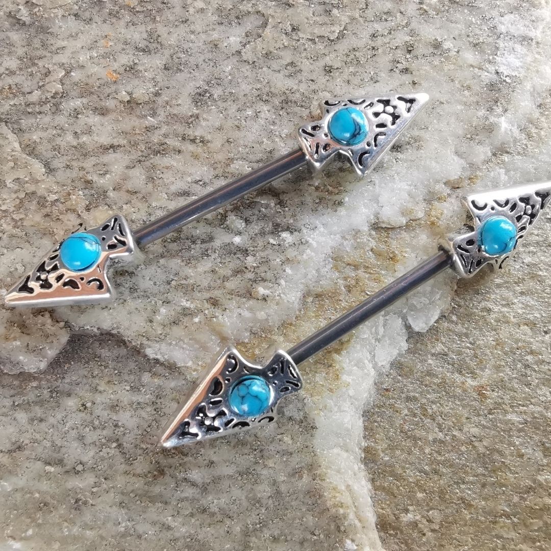 Arrow Nipple Bars Piercing Jewelry with Turquoise Cubic Zirconia made of 14G Surgical Steel 316L