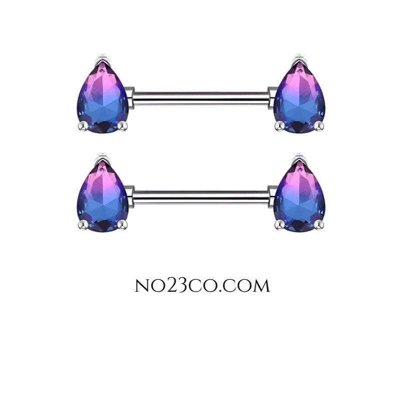 14G Surgical Steel 316L Nipple Bars Piercing Teardrops Purple On Silver - No23Co