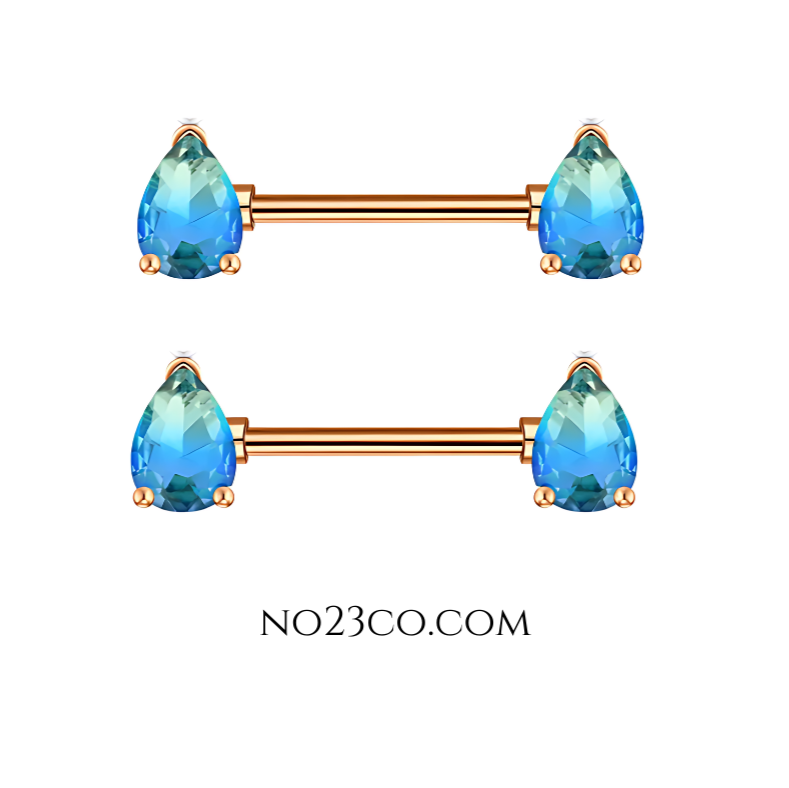14G Surgical Steel 316L Nipple Bars Piercing with Teardrops Blue Ombre Rose Gold - No23Co