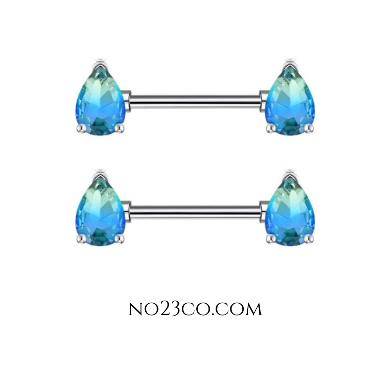 14G Surgical Steel 316L Nipple Bars Piercing with Teardrops Blue Ombre Silver - No23Co