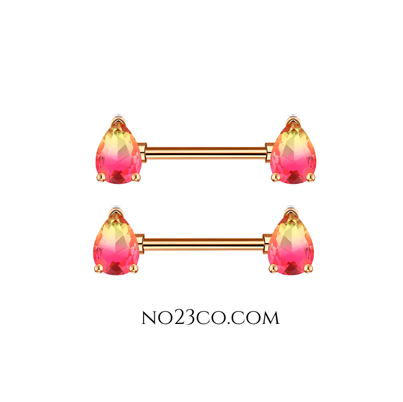 14G Surgical Steel 316L Nipple Bars Piercing with Teardrops Orange Ombre Rose Gold - No23Co