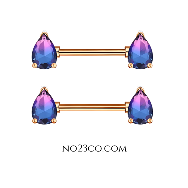 14G Surgical Steel 316L Nipple Bars Piercing with Teardrops Purple Ombre Rose Gold - No23Co