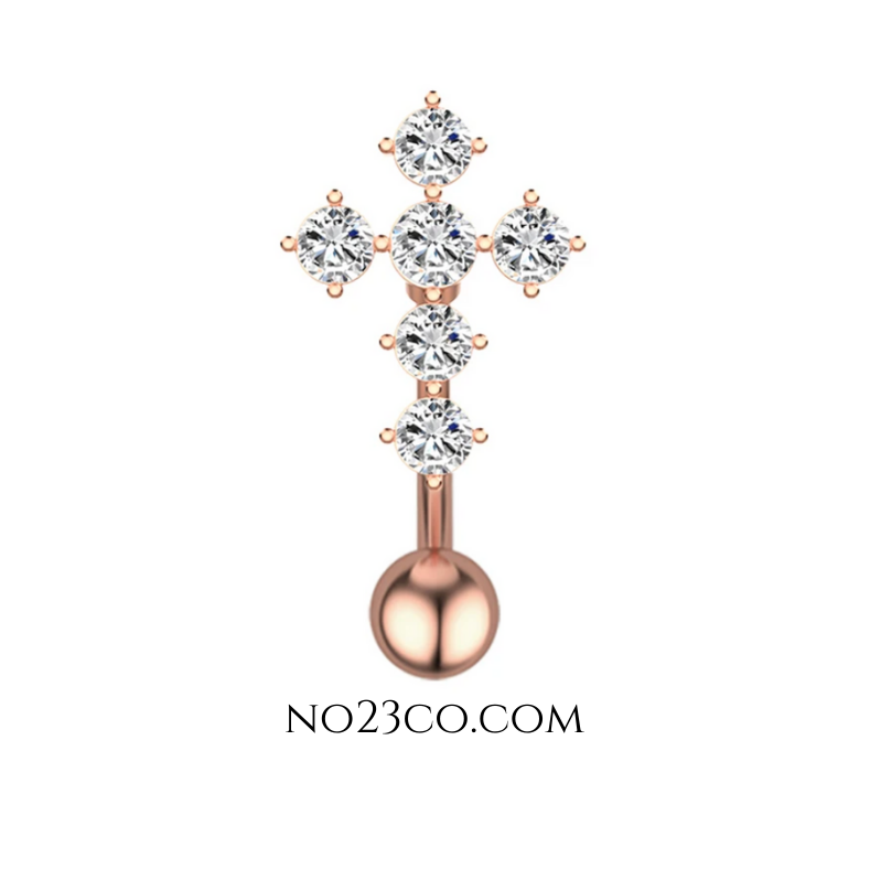 14G Surgical Steel Silver Gold Rose Inverted Cross Navel Ring Belly Button Piercing with 5A Cubic Zirconia-No23Co
