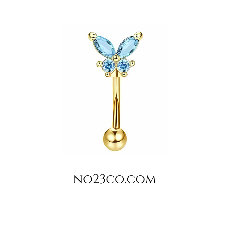 16G Gold Eyebrow Piercing Rook Piercing with Blue Butterfly Stainless Steel - No23Co