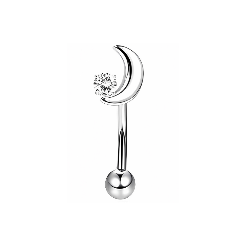 Elegant silver moon-shaped barbell, crafted from 16G stainless steel, perfect for eyebrow or rook piercings. A sleek, celestial touch to your look.
