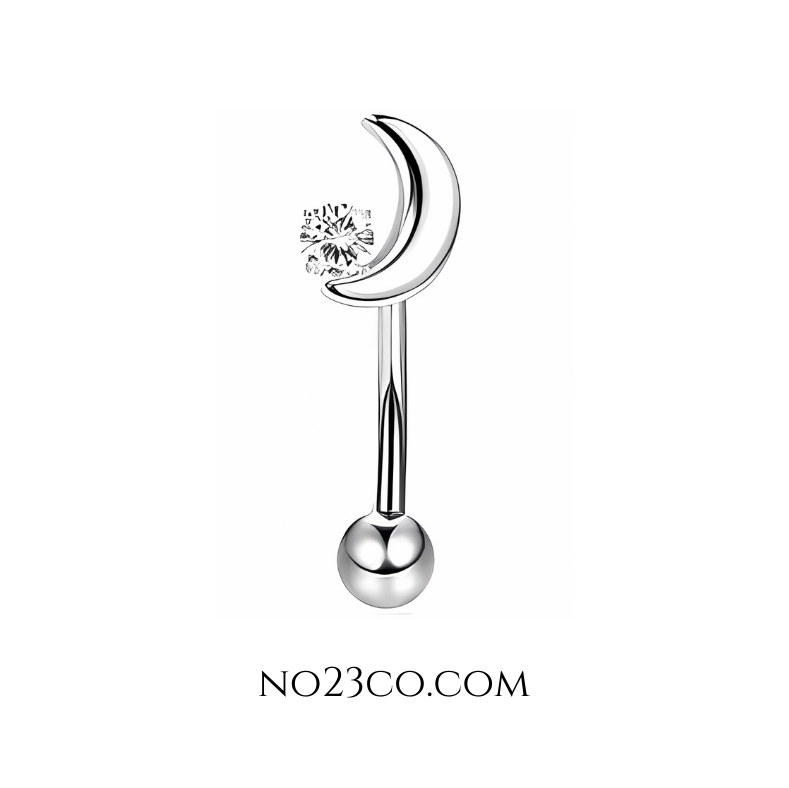 16G stainless steel moon barbell designed for eyebrow or rook piercings. Durable, stylish, and ideal for a minimalist celestial vibe