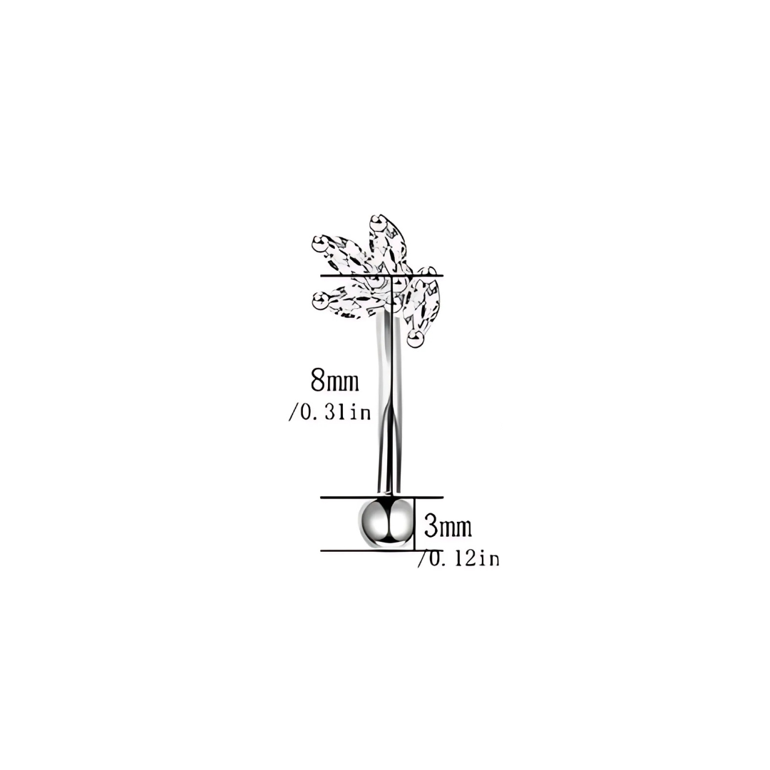 16G stainless steel silver barbell featuring a sparkling zirconia gem for eyebrow or rook piercing dimensions