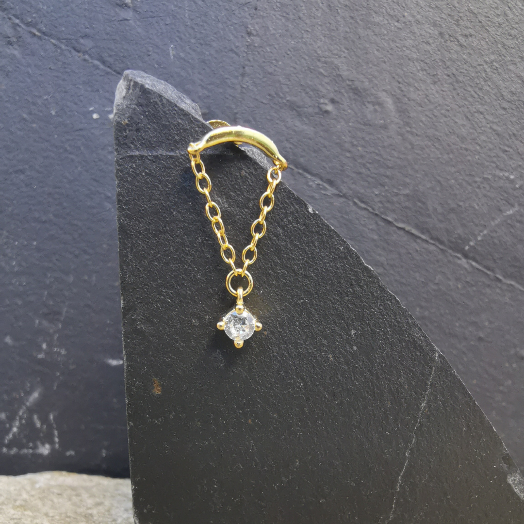 18K Gold Plated 925 Sterling Silver - Stud Ear Piercing with Chain and 5A Zirconia