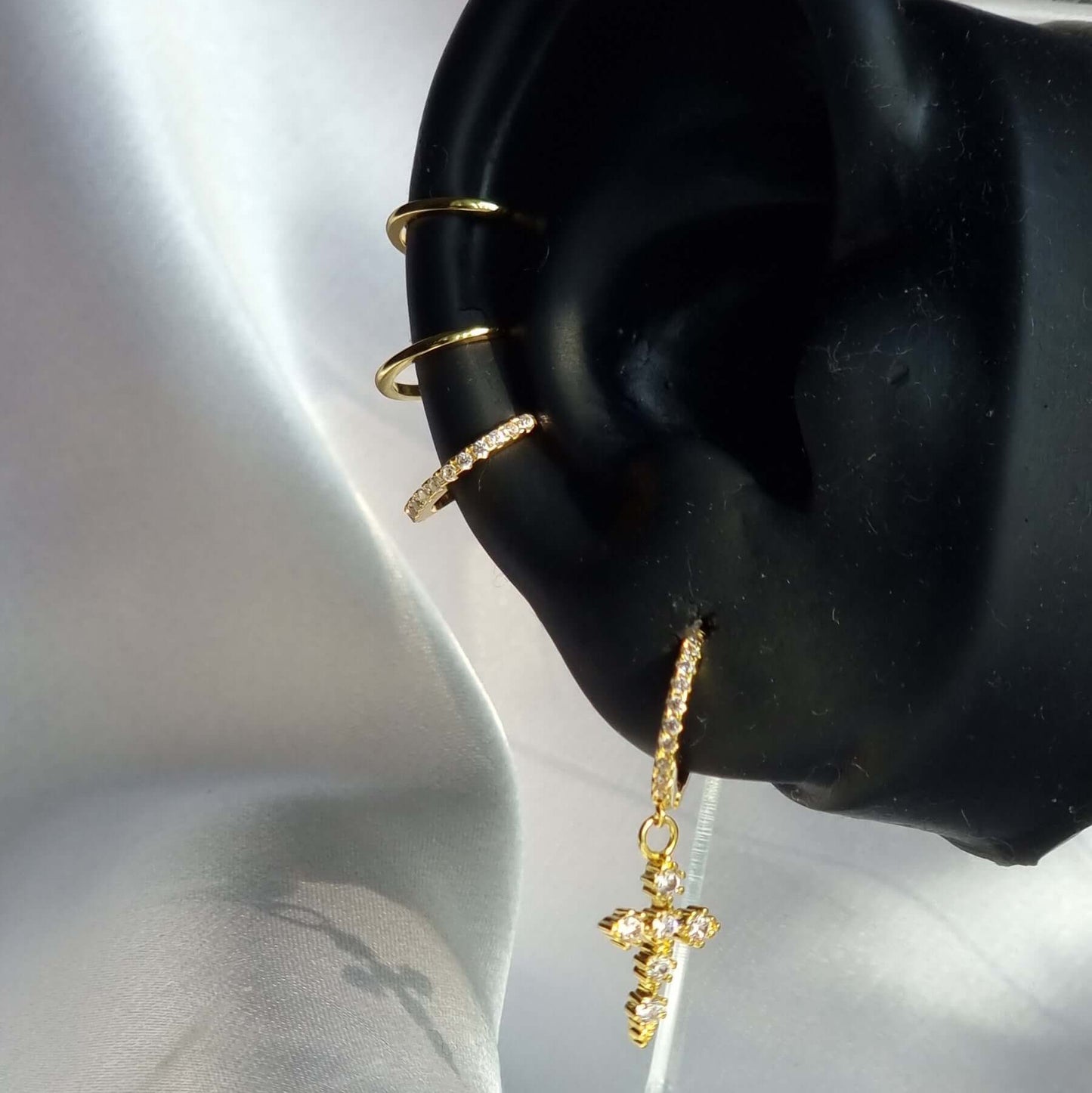 18K Gold Plated 925 Sterling Silver Cross CZ Droplets Earrings Piercing