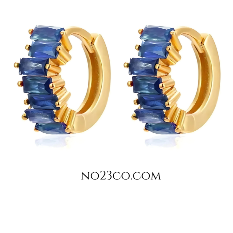 18K Gold Plated 925 Sterling Silver Huggies Ear Piercing with Blue 5A Zirconia - No23Co