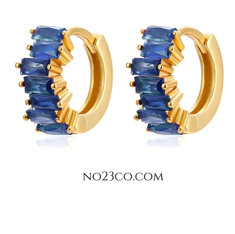 18K Gold Plated 925 Sterling Silver Huggies Ear Piercing with Blue Zirconia - No23Co