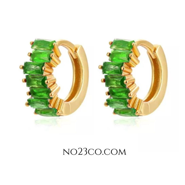 18K Gold Plated 925 Sterling Silver Huggies Ear Piercing with Green 5A Zirconia - No23Co