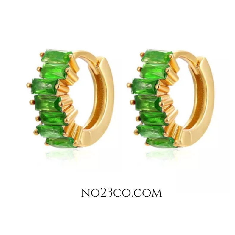 18K Gold Plated 925 Sterling Silver Huggies Ear Piercing with Green Zirconia - No23Co