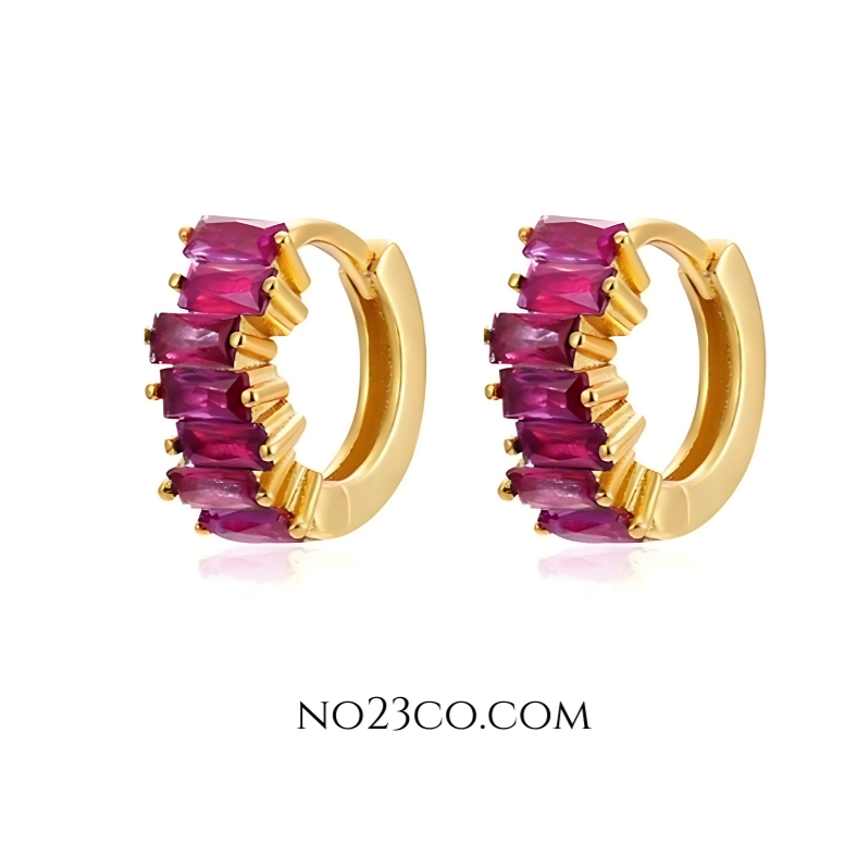 18K Gold Plated 925 Sterling Silver Huggies Ear Piercing with Magenta 5A Zirconia - No23Co