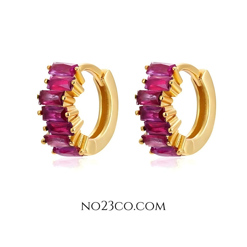 18K Gold Plated 925 Sterling Silver Huggies Ear Piercing with Magenta Zirconia - No23Co