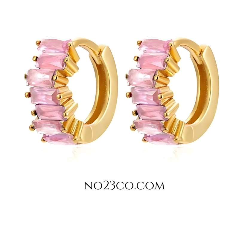 18K Gold Plated 925 Sterling Silver Huggies Ear Piercing with PInk Zirconia - No23Co