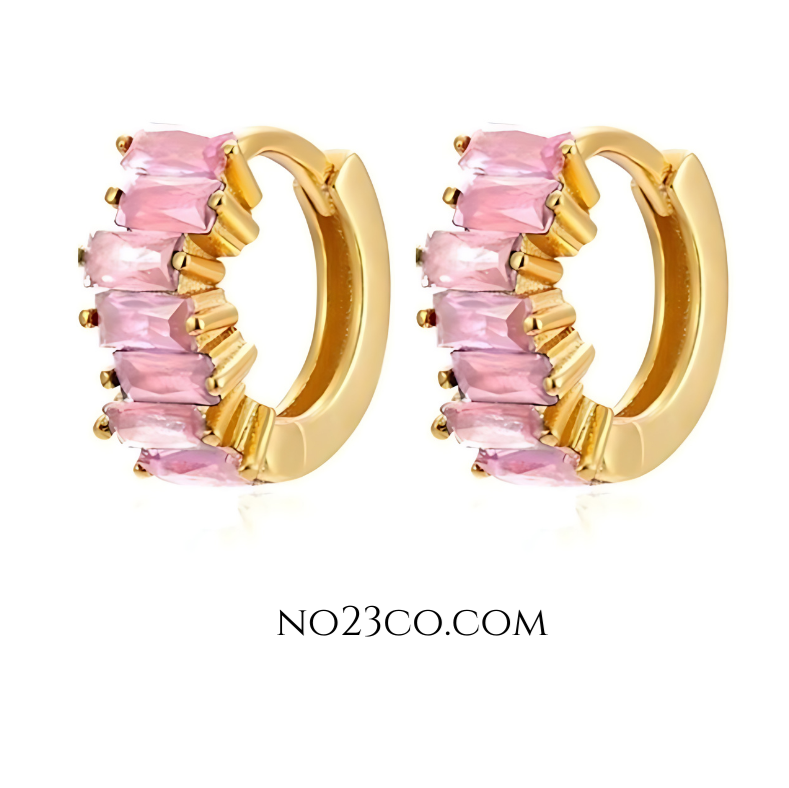 18K Gold Plated 925 Sterling Silver Huggies Ear Piercing with Pink 5A Zirconia - No23Co