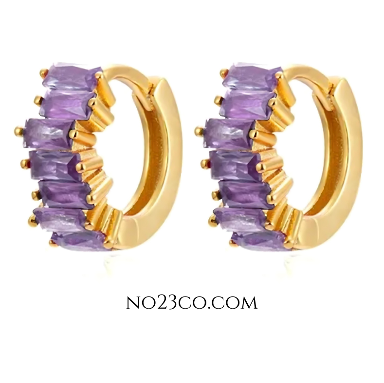18K Gold Plated 925 Sterling Silver Huggies Ear Piercing with Purple Zirconia - No23Co