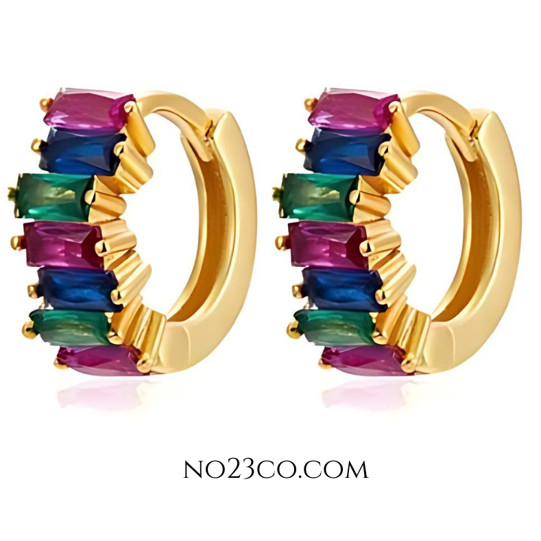 Rainbow 5A cubic zirconia huggie earrings in 18K gold-plated 925 sterling silver, featuring multicolor rectangular stones in a modern hoop design.