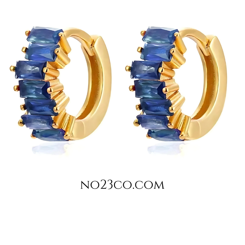 Royal blue 5A zirconia huggie earrings crafted in 18K gold-plated 925 sterling silver, featuring rectangular-cut stones and a timeless hoop design.