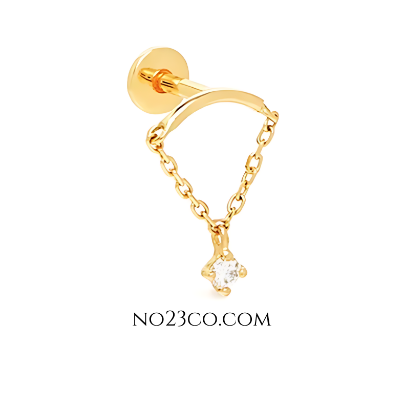 Stud Gold Earring with Chain and 5A Zirconia Jewelry - 18K Gold Plated 925 Sterling Silver by No23Co