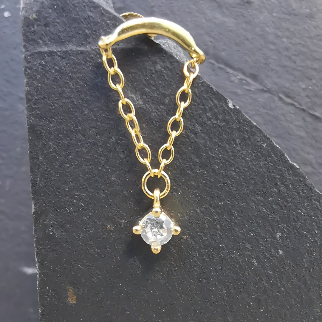 18K Gold Plated 925 Sterling Silver Stud Ear Piercing with Chain and 5A Zirconia