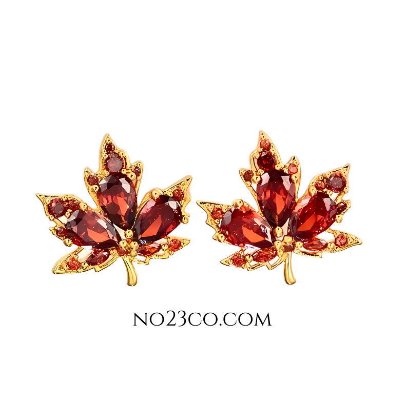 Maple Leaf Stud Earrings with Brown Zirconia Jewelry crafted by 18K Gold Plated Sterling Silver
