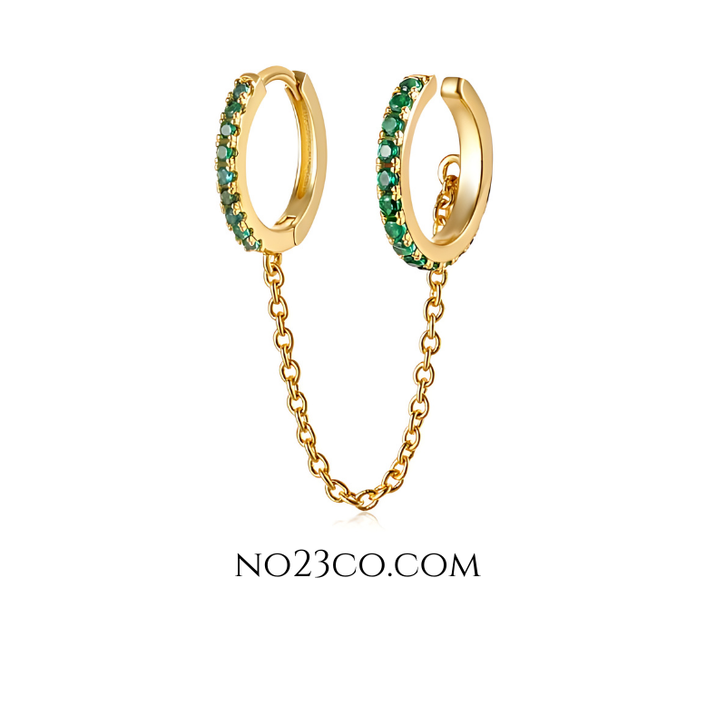 18K gold-plated 925 sterling silver hoop-to-cuff chain ear piercing featuring a vibrant green zirconia stone in a sleek, modern design.