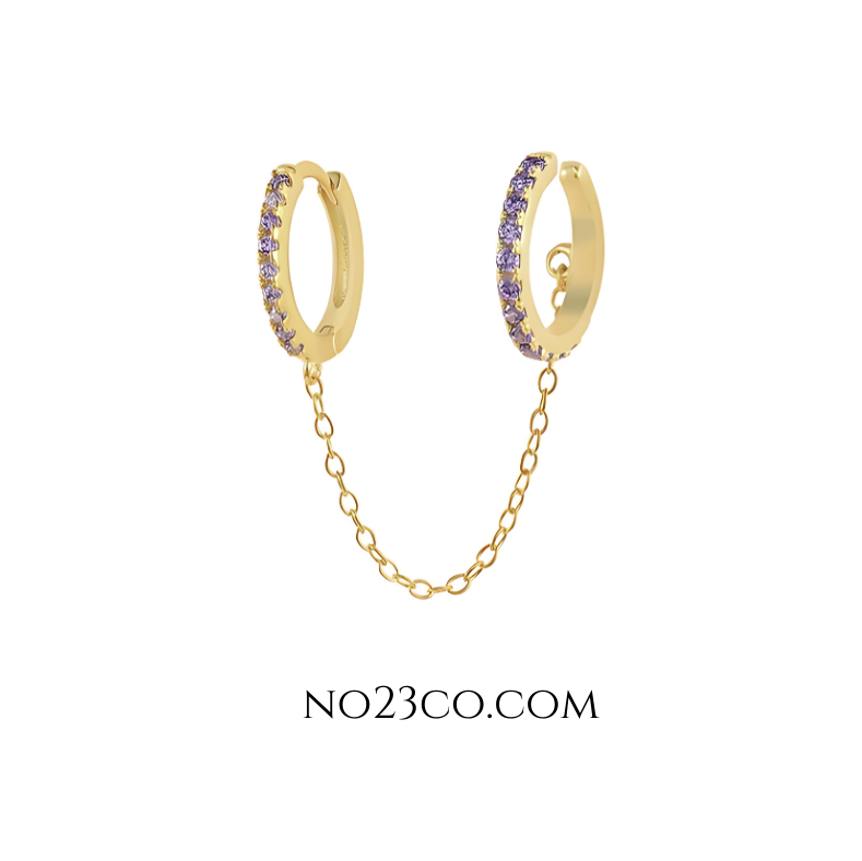 18K gold-plated 925 sterling silver hoop-to-cuff chain ear piercing featuring a vibrant purple zirconia stone in a sleek, modern design.