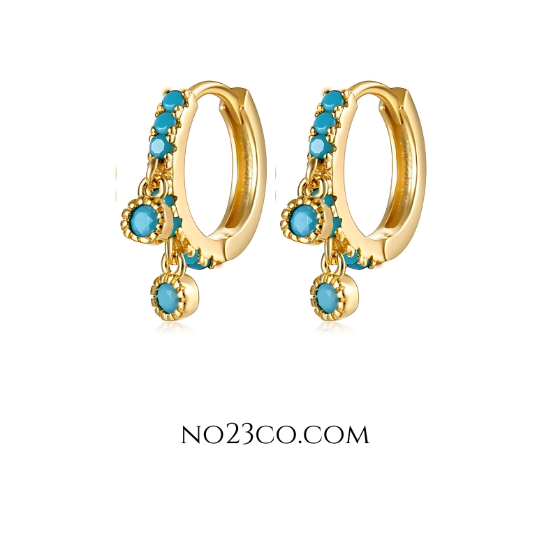 18K Gold Plated 925 Sterling Silver Turquoise 5A Zirconia Hoop Earrings Pair - No23Co