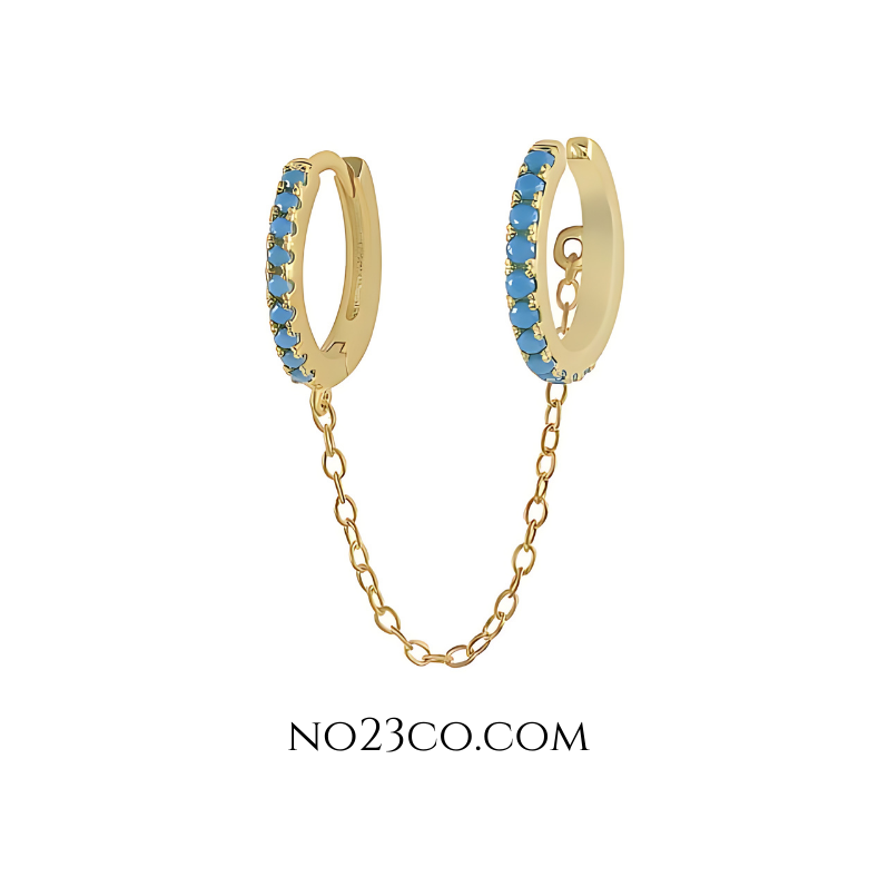 18K gold-plated 925 sterling silver hoop-to-cuff chain ear piercing featuring a vibrant turquoise zirconia stone in a sleek, modern design.