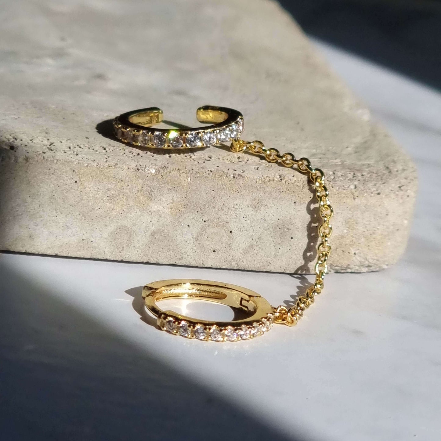 18K Gold Plated Sterling Silver 925 White 5A Zirconia Hoop to Cuff Linked with Gold Chain Earring