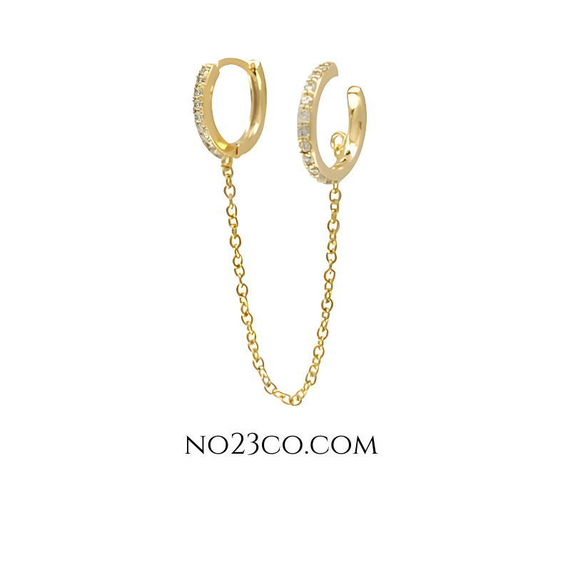 18K gold-plated 925 sterling silver hoop-to-cuff chain ear piercing featuring a vibrant white zirconia stone in a sleek, modern design.