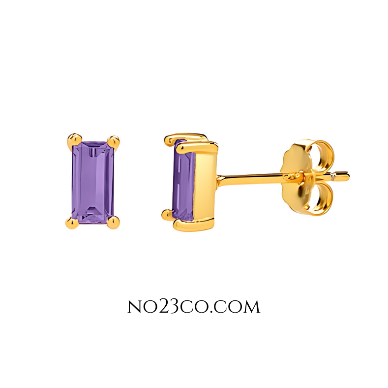 Purple Rectangle Stud Earrings Jewelry with Cubic Zirconia crafted by 18K Gold Plated 925 Sterling Silver