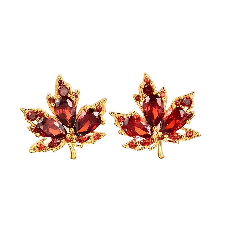 Maple Leaf Stud Earrings with Brown Zirconia Jewelry made of 18K Gold Plated 925 Sterling Silver