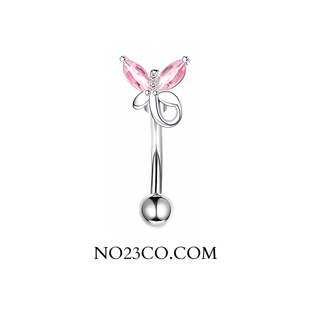 Gold Barbell with Pink Butterfly for Eyebrow or Rook Piercing – 16G Stainless Steel Jewelry