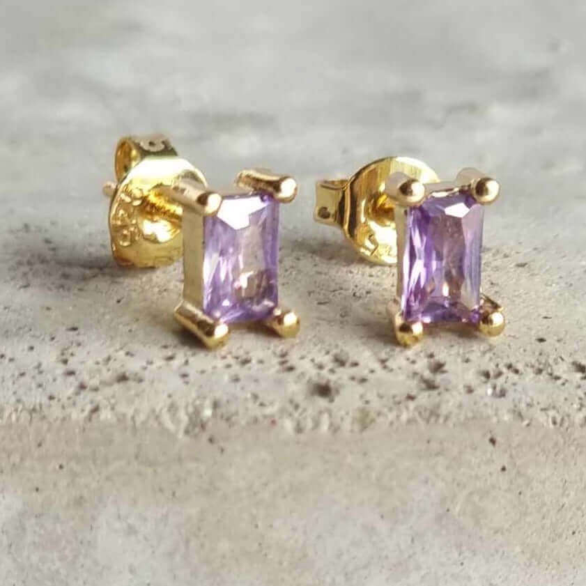 Lilac Rectangle Stud Earrings Jewelry with Cubic Zirconia - 18K Gold Plated 925 Sterling Silver