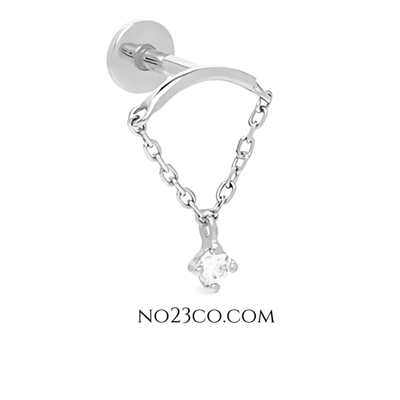925 Sterling Silver Stud Ear Piercing with Chain and 5A Zirconia - No23Co
