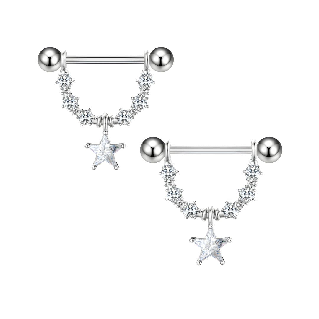 Star Dangle Nipple Piercing Bar Shields with Cubic Zirconia – 14G Surgical Steel 316L