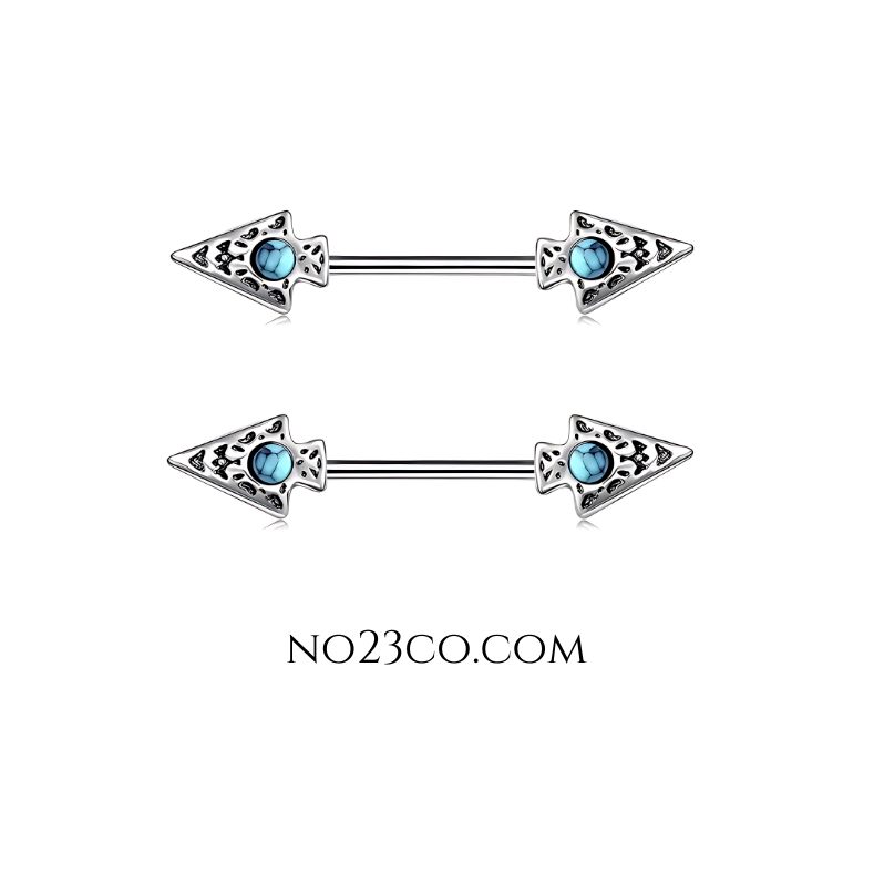 Arrow Nipple Bars Piercing Jewelry with Turquoise Cubic Zirconia made or 14G Surgical Steel 316L by No23Co.com