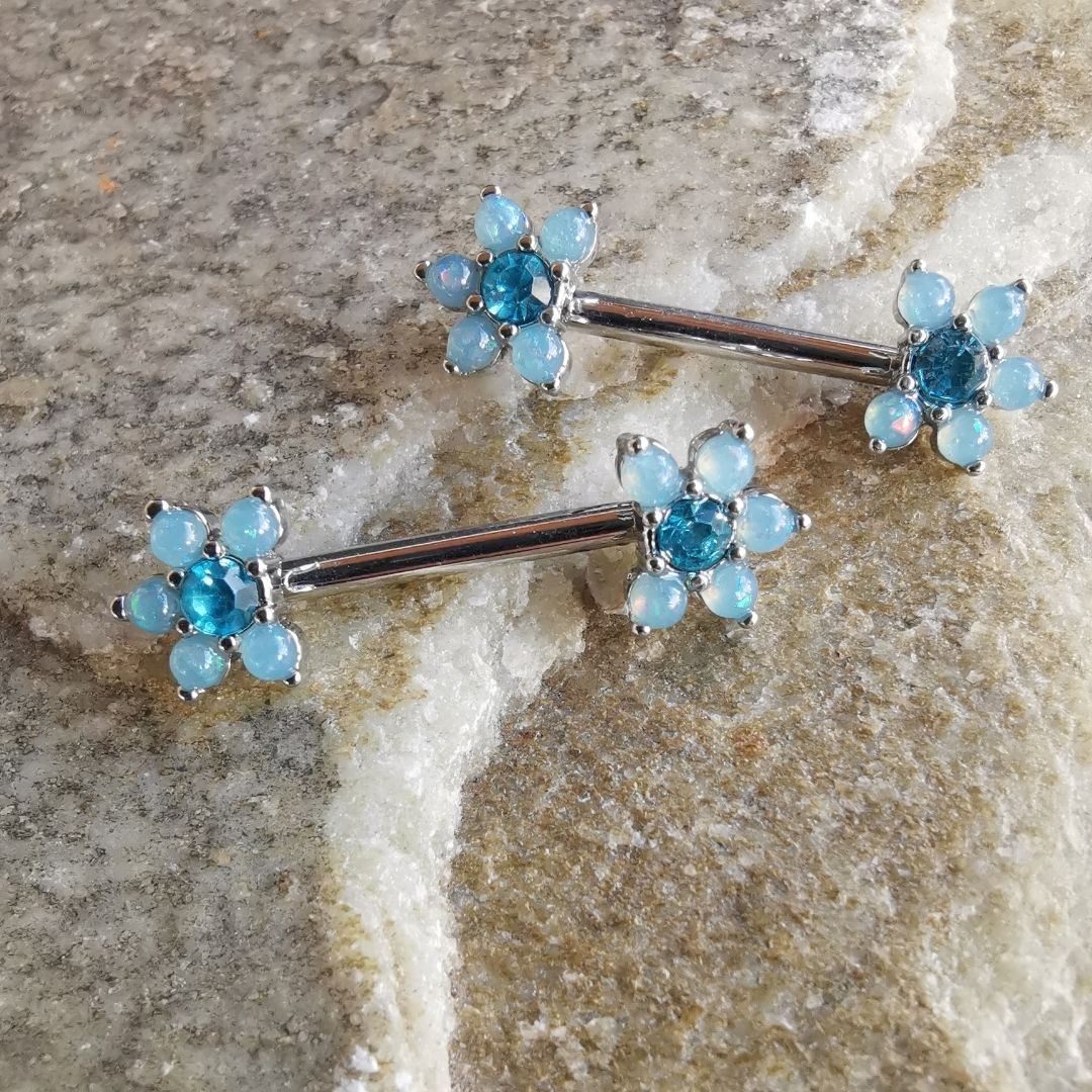 Blue pearl flower stone nipple bar piercing with cubic zirconia, made from 14G silver surgical steel 316L