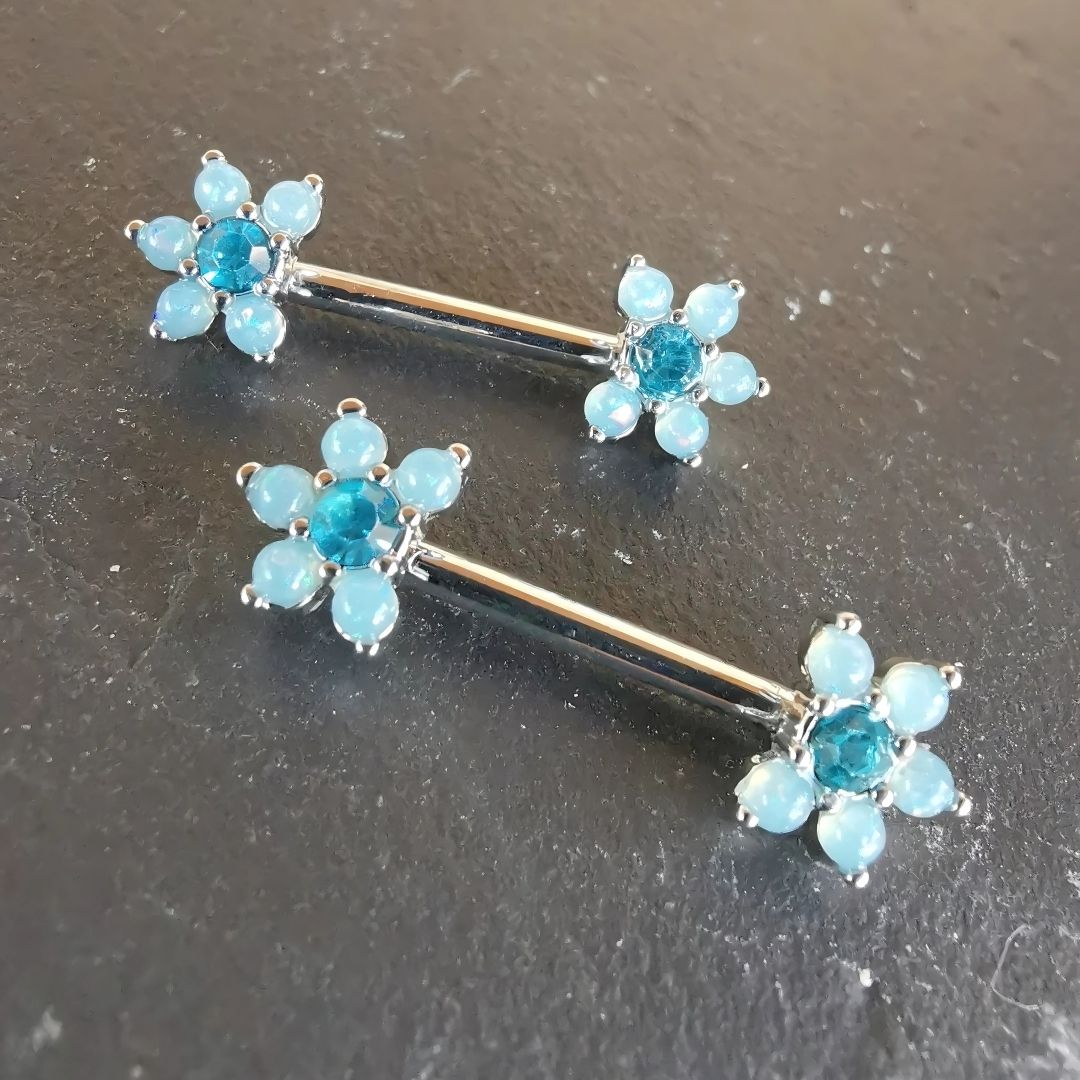 Blue pearl flower stone nipple bar piercing with cubic zirconia, crafted from 14G silver surgical steel 316L