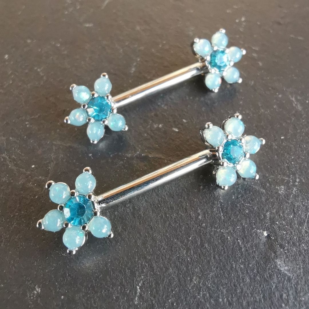 Beautiful Blue Pearl Flower Stone Nipple Bar Piercing with Cubic Zirconia - 14G Silver Surgical Steel 316L