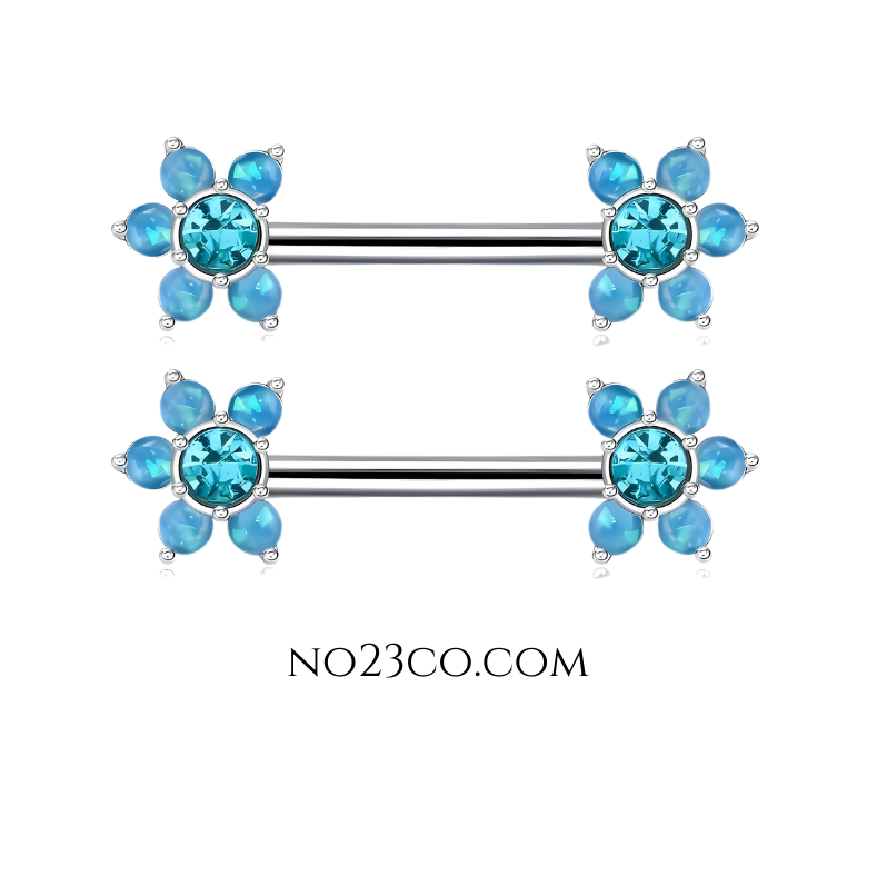 Blue Pearl Flower Stone Nipple Bar Piercing with Cubic Zirconia made of 14G Silver Surgical Steel 316L No23Co.com