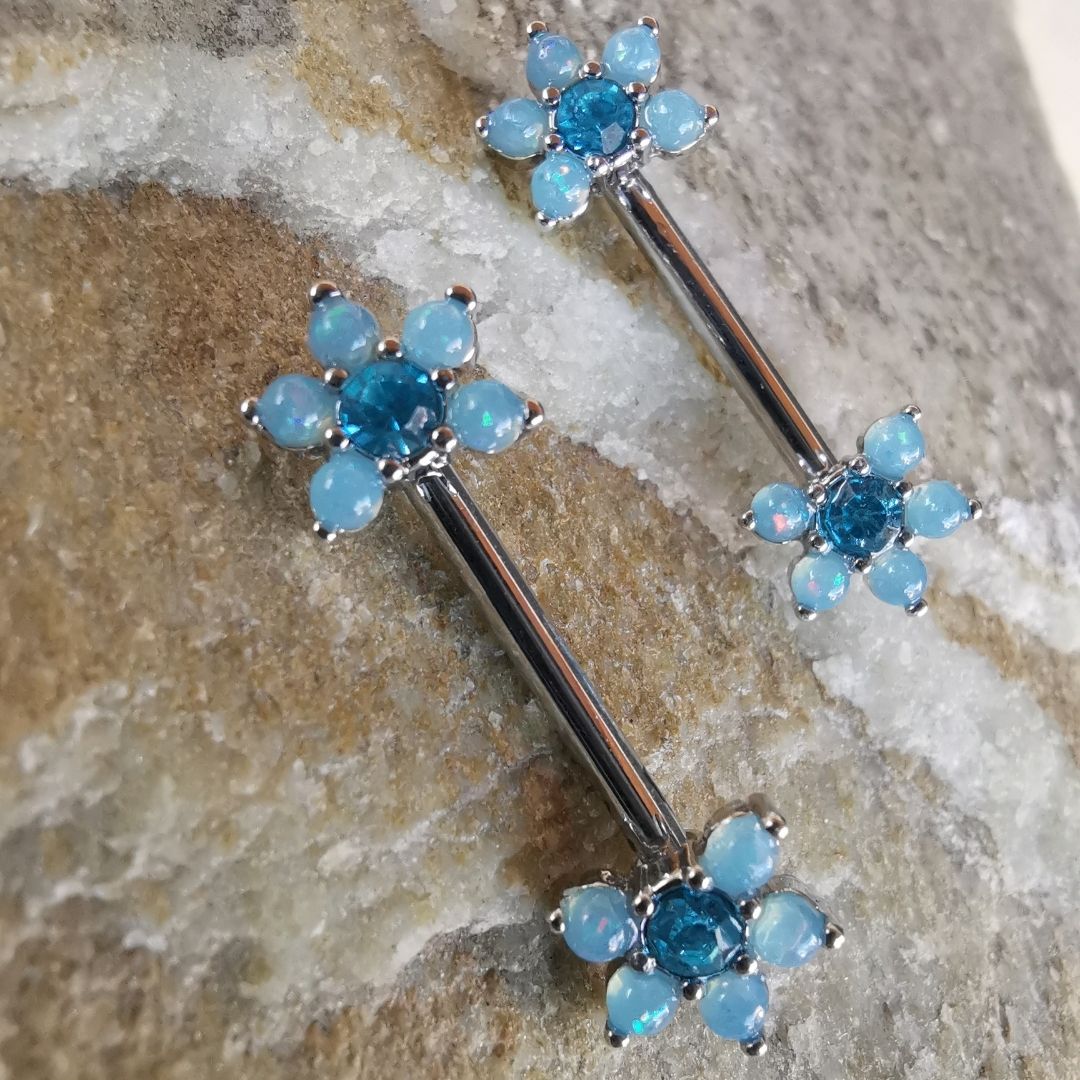 Blue Pearl Flower Stone Nipple Bar Piercing with CZ - 14G Silver Surgical Steel 316L