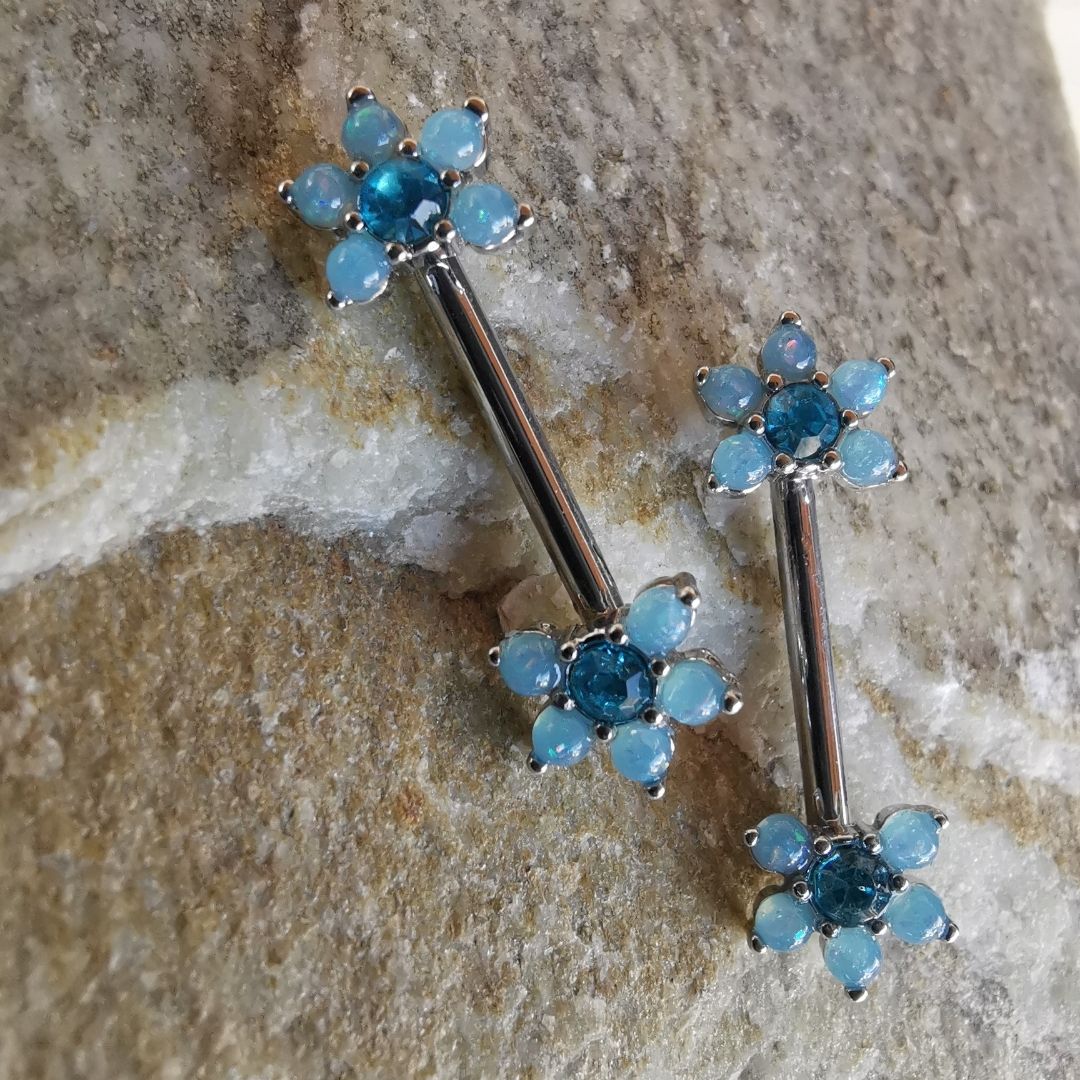 Blue Pearl Flower Stone Nipple Bar Piercing with CZ - 14G Silver Surgical Steel 316L
