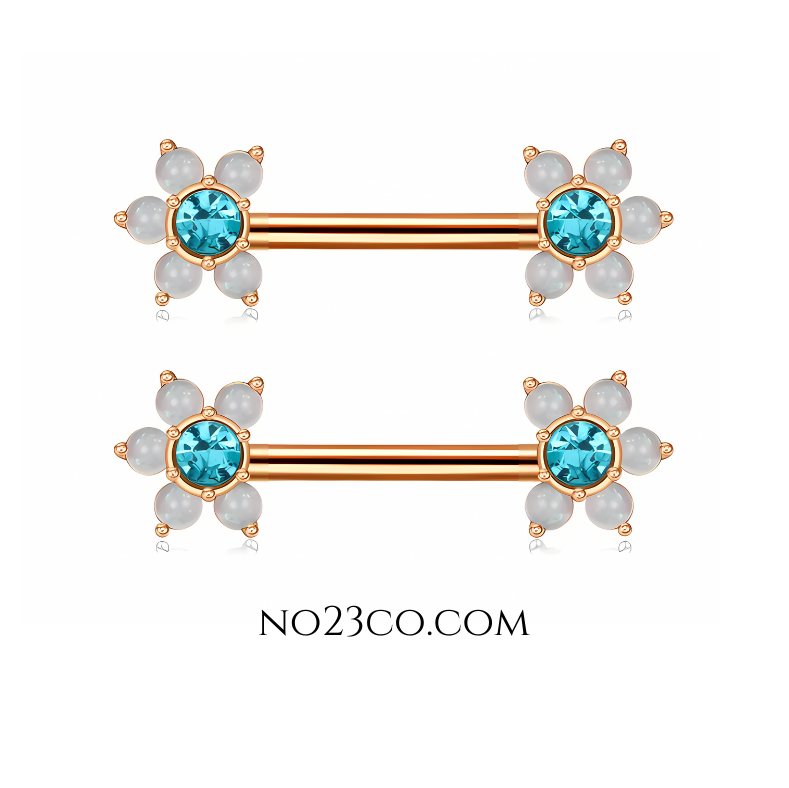 Blue Stone Flower Nipple Bar Piercing 14G Rose Gold Surgical Steel 316L - No23Co